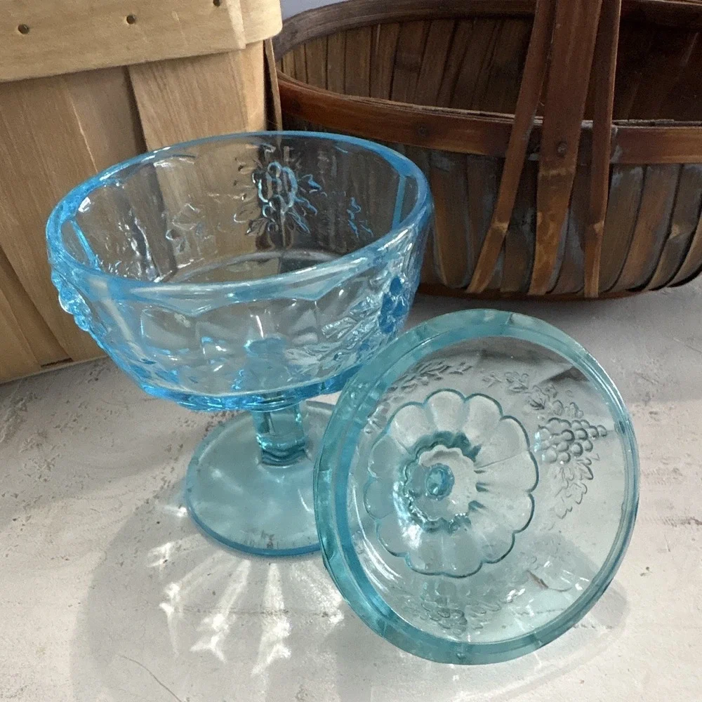 Blue Westmoreland Glass Pedestal Covered Dish/Candy w/ Lid Round Grapes/Leaves
